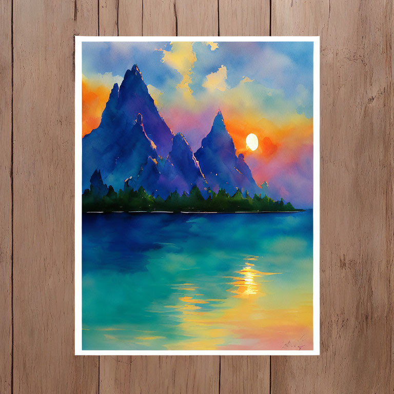 Mountain Peaks Watercolor Painting at Sunset on Wooden Surface