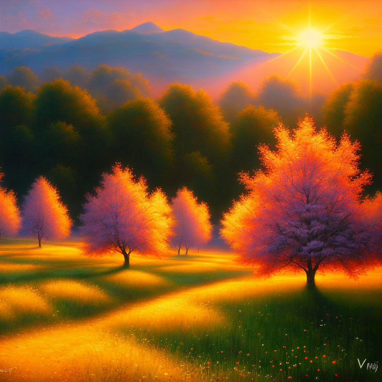 Vibrant landscape painting of sunset over mountains and trees