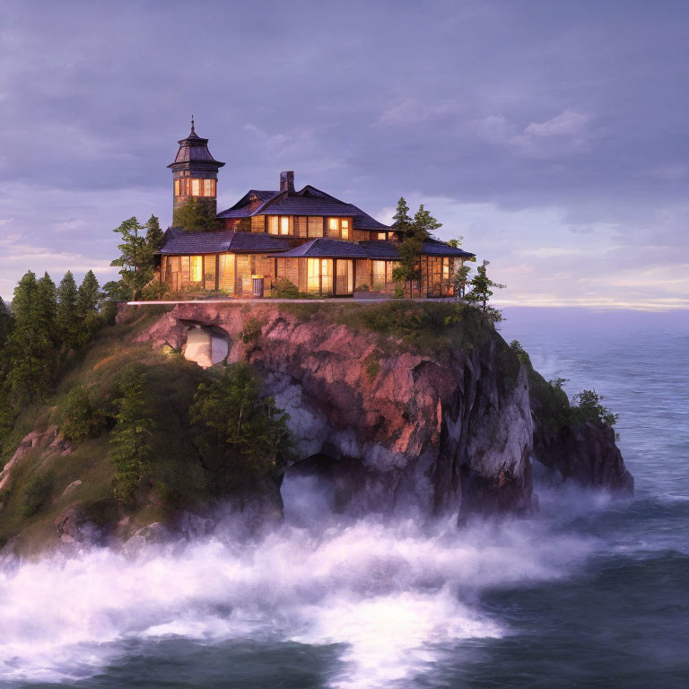 Lighthouse-styled home on rocky cliff at twilight