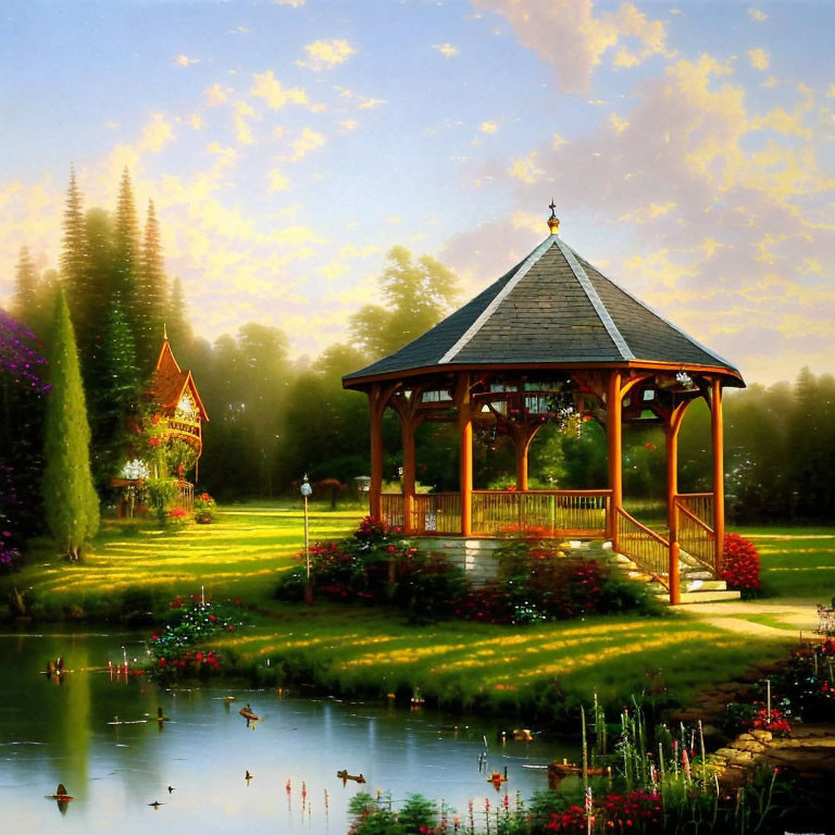 Tranquil garden with wooden gazebo, pond, lush greenery, blooming flowers at sunset