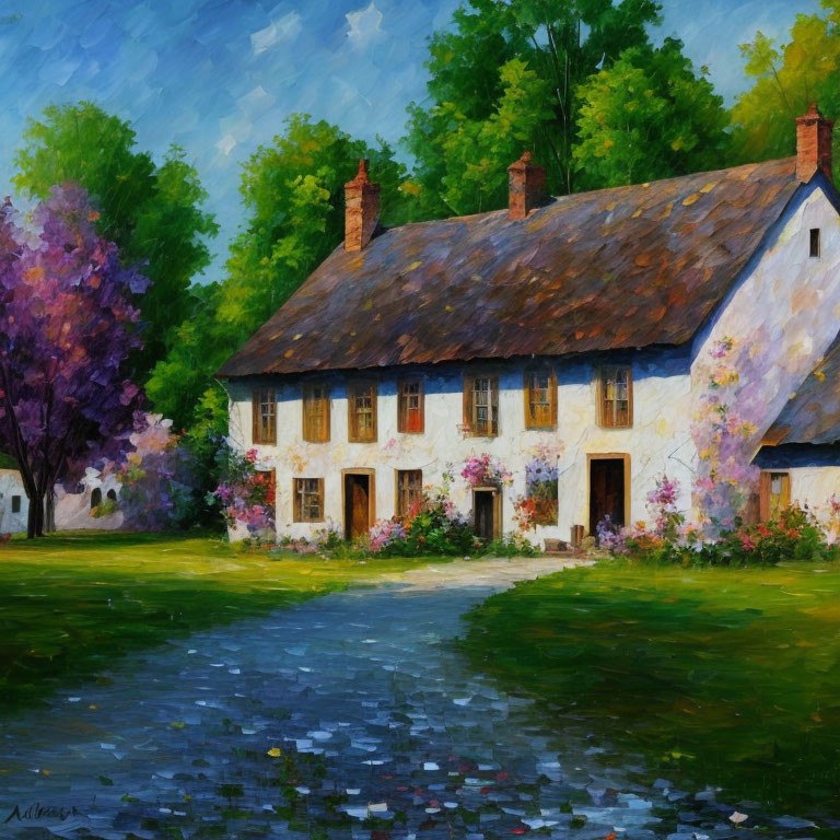 Colorful oil painting of a thatched cottage in a serene natural setting