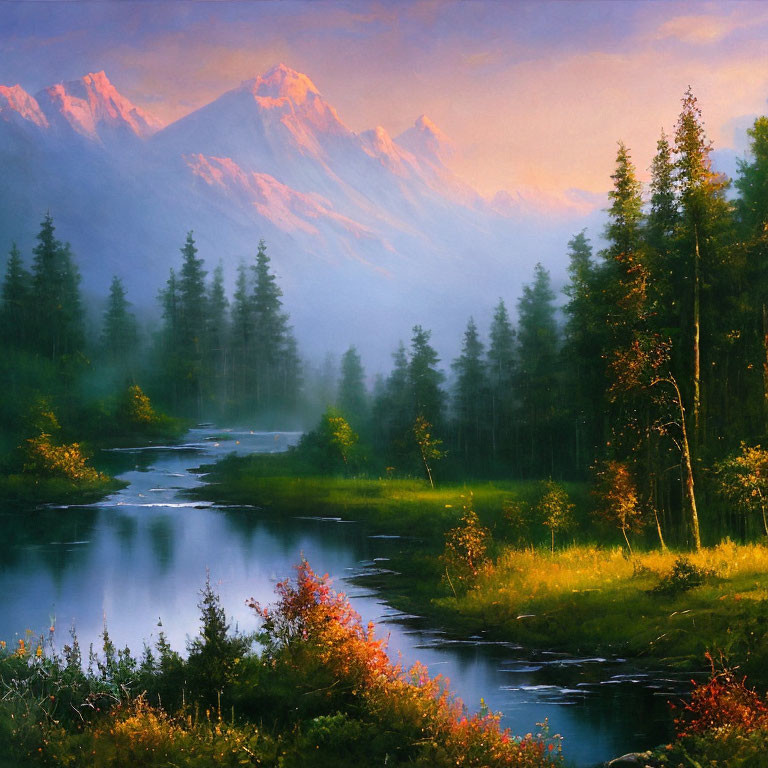 Tranquil river landscape with lush forests and mountains