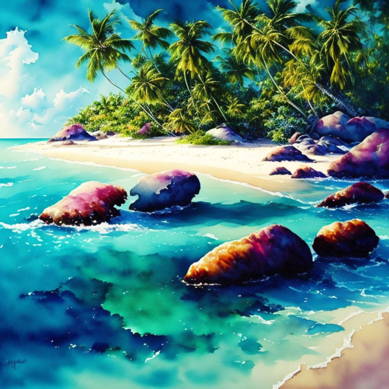 Tropical beach scene with palm trees, blue waters, sandy shore, and rocks