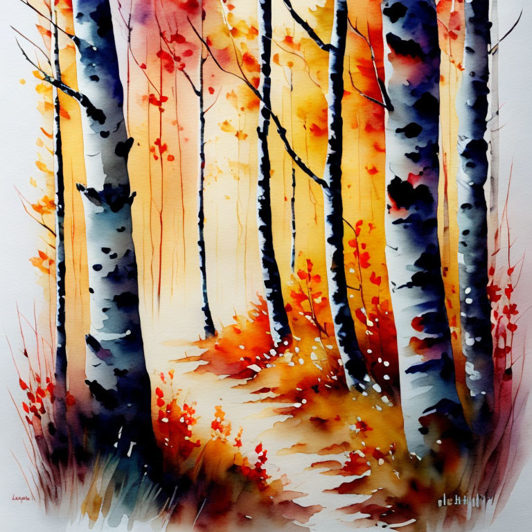 Colorful watercolor painting of slender forest trees with autumnal foliage and soft light.