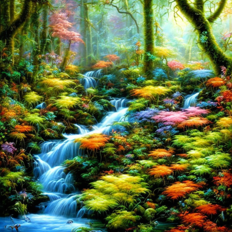 Lush Forest with Cascading Waterfall and Misty Foliage