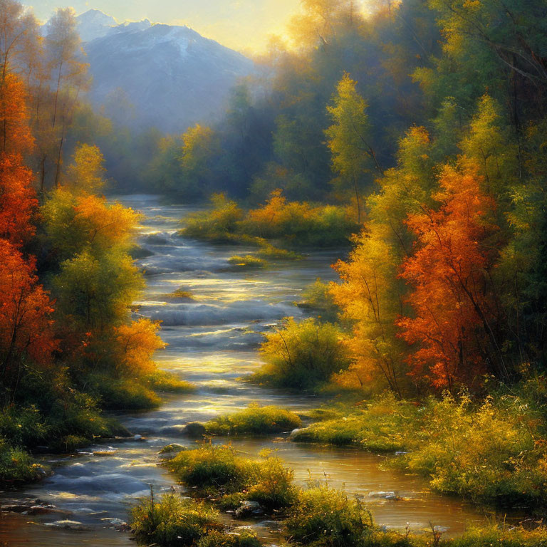 Colorful Autumn River Scene with Mountain Backdrop