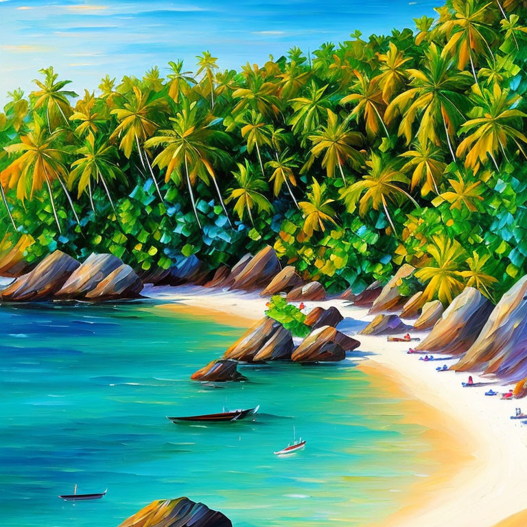 Tropical beach painting with boats, palm trees, and clear blue water