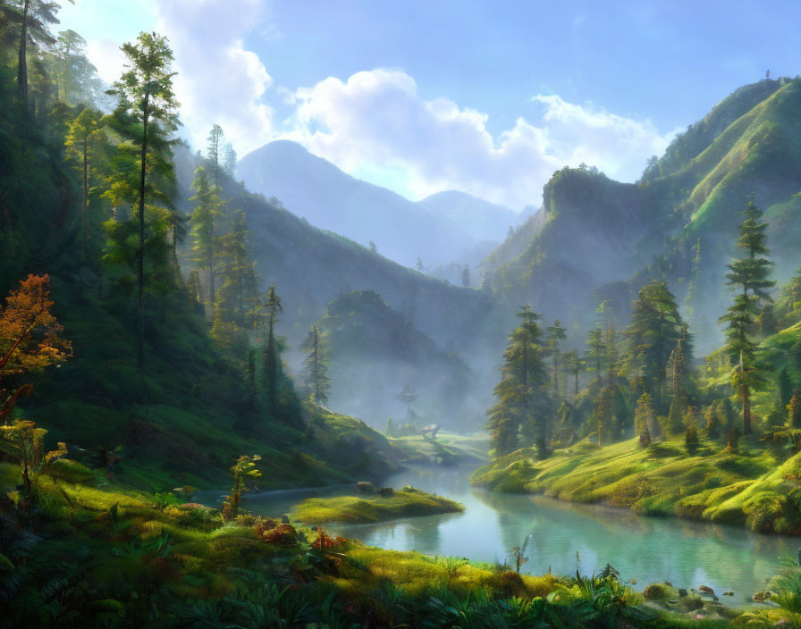 Tranquil River Landscape with Sunlight and Misty Forest