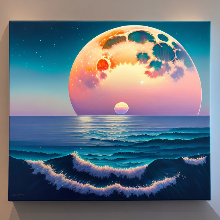 Surreal painting: Serene ocean with giant moon at twilight