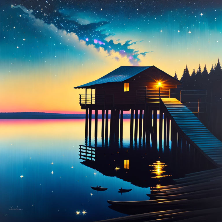 Tranquil lakeside scene at twilight with stilted house, canoe, and starry sky