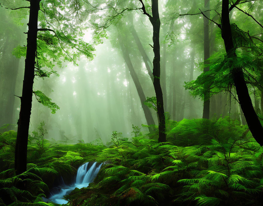 Tranquil Forest Scene with Waterfall and Misty Trees