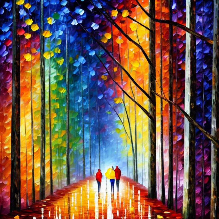 Colorful Autumn Forest Painting with Three People Walking