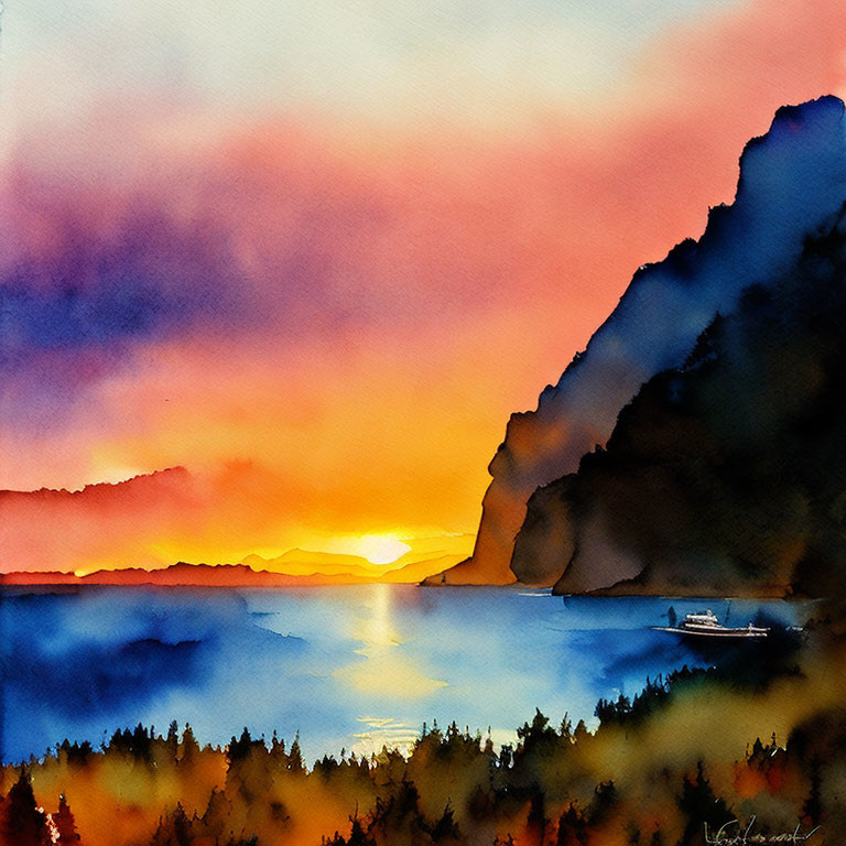 Colorful sunset painting: orange, pink, blue hues, calm sea, silhouetted mountains