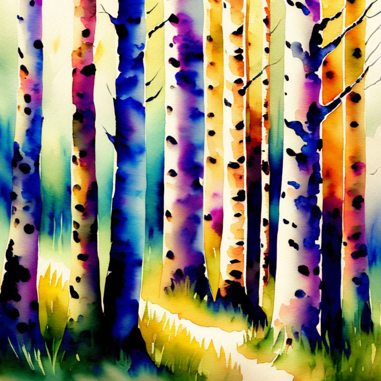 Colorful Watercolor Painting of Birch Forest with Purple, Blue, and Orange Trunks