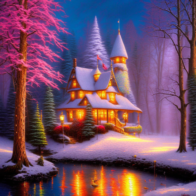 Cozy illuminated house in snowy landscape at dusk