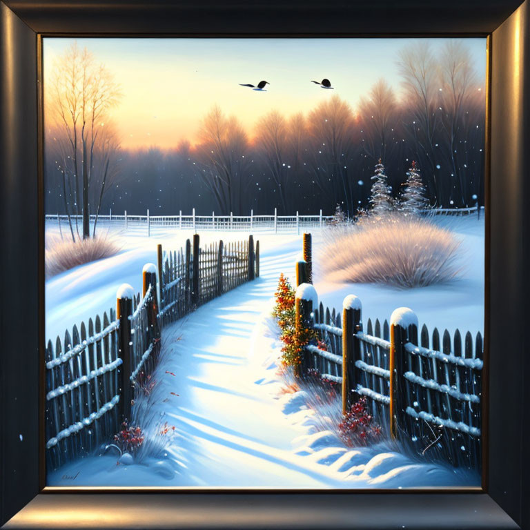 Winter Landscape Painting: Snowy Path, Wooden Fence, Christmas Tree