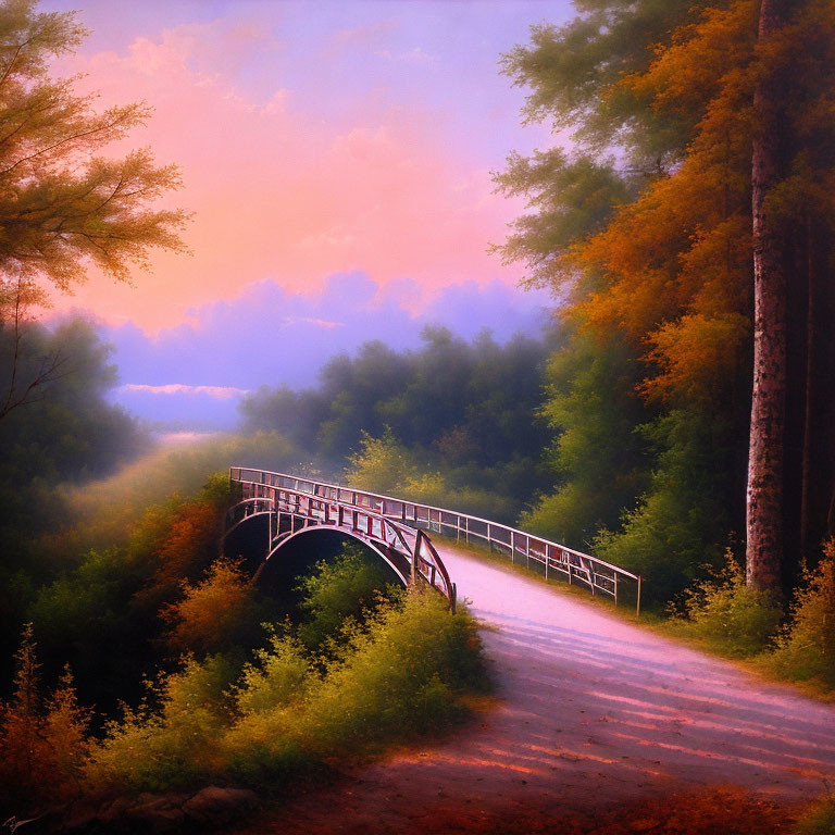 Tranquil Footbridge Over Misty River amid Lush Trees