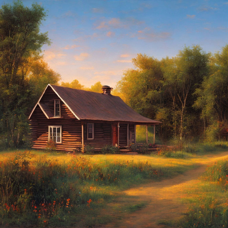 Tranquil painting of rustic cabin in forest with sunlight and dirt path