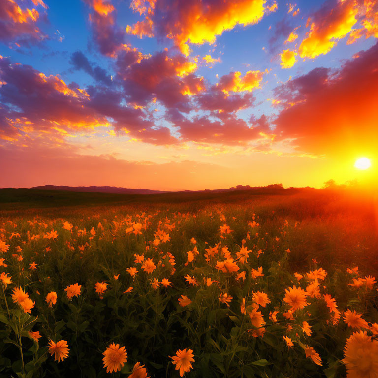 Colorful sunset sky over wildflower field with sun on horizon