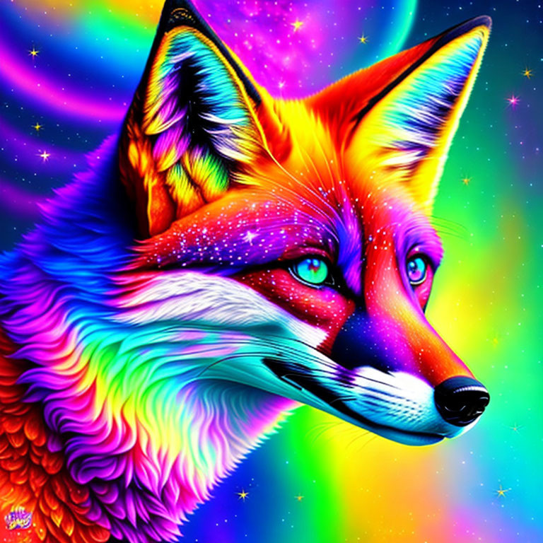 Colorful Fox Illustration with Rainbow Fur on Cosmic Background