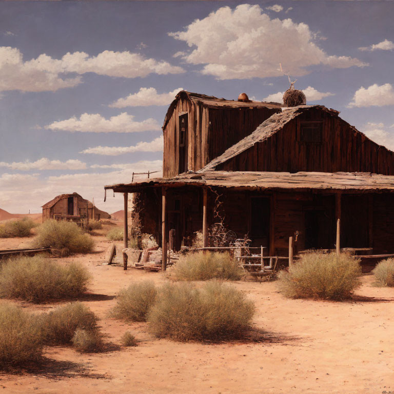 Desert Ghost Town: Weathered Wooden Buildings, Tumbleweeds, and Arid Landscape