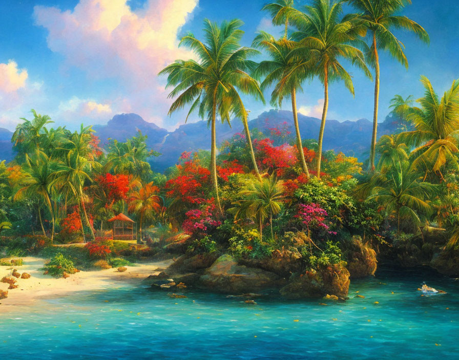 Tropical beach scene with palm trees, flowers, gazebo, and blue waters