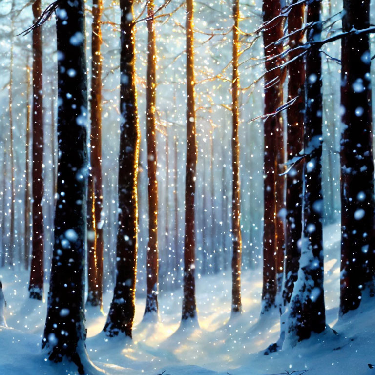 Tranquil winter forest with tall trees and snow-covered ground