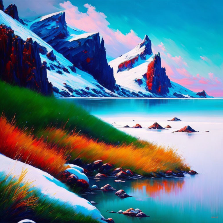 Seasonal contrast in vibrant painting: snowy mountain beside lush green hill reflecting in tranquil lake