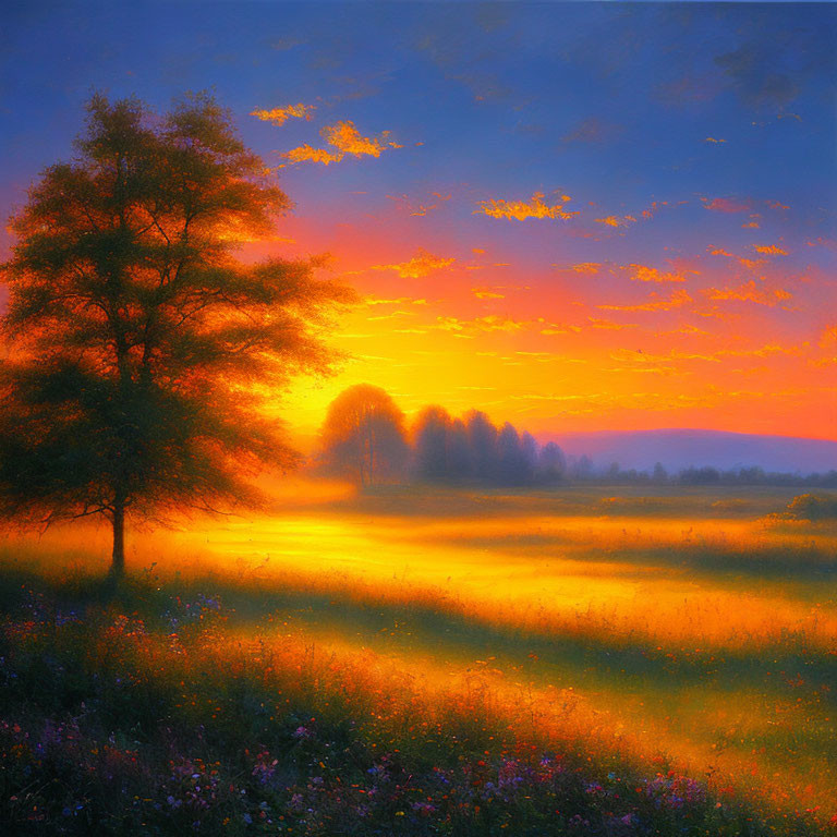 Serene sunset painting with golden sky and solitary tree