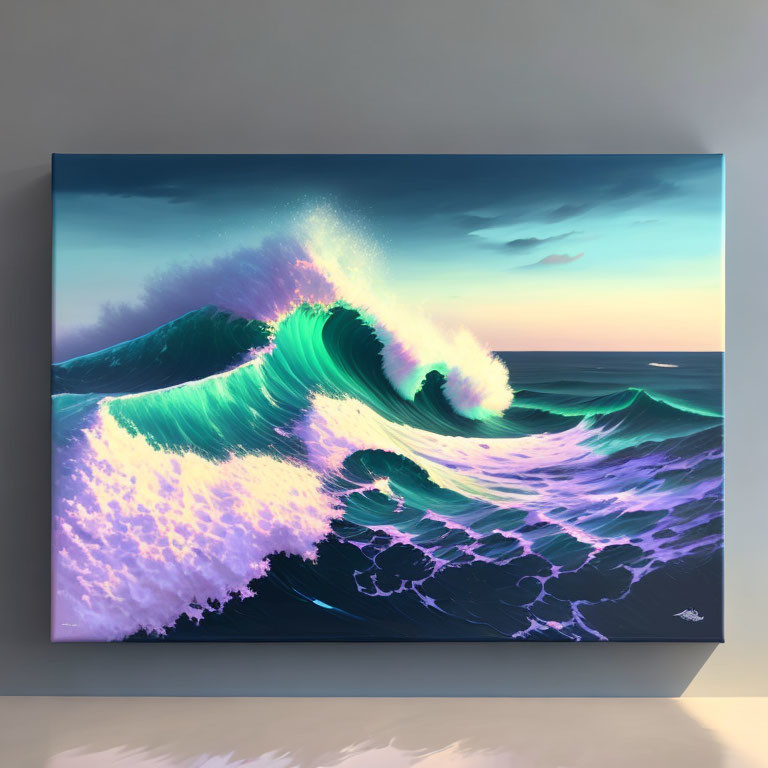 Teal Wave Cresting Against Serene Sky Canvas