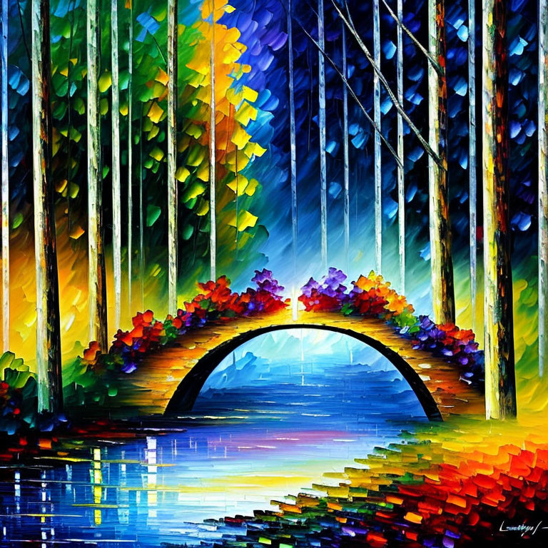 Colorful painting of arched bridge over blue river with vibrant trees