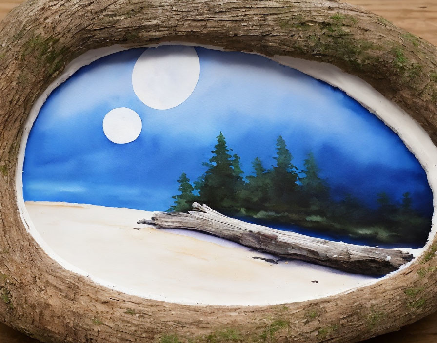 Beach scene in oval frame with driftwood, trees, and dual moons