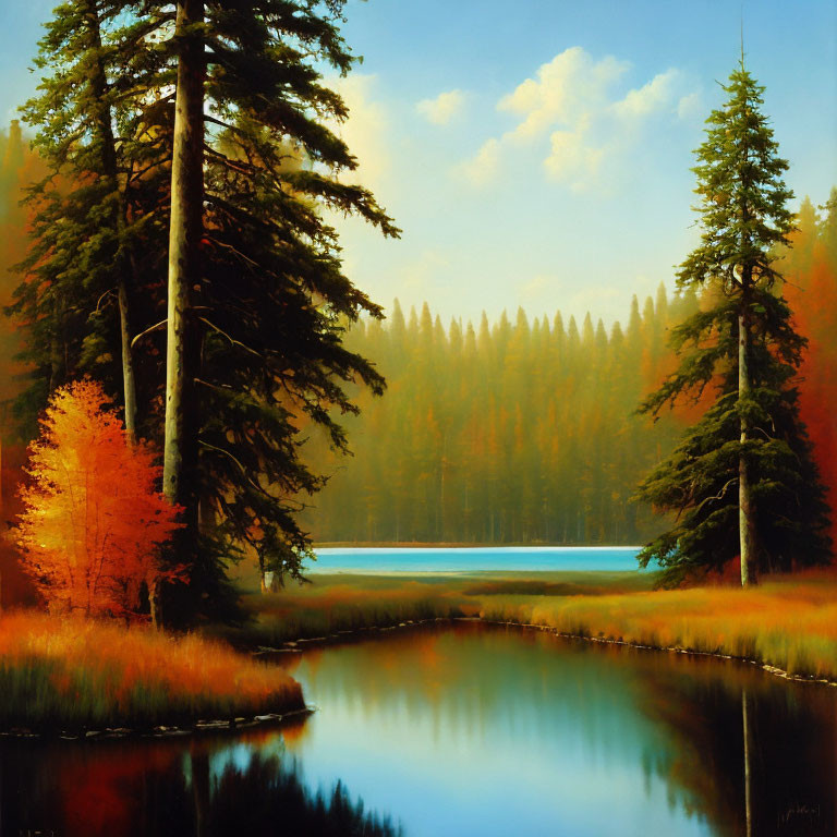 Tranquil forest scene with autumn trees by peaceful river