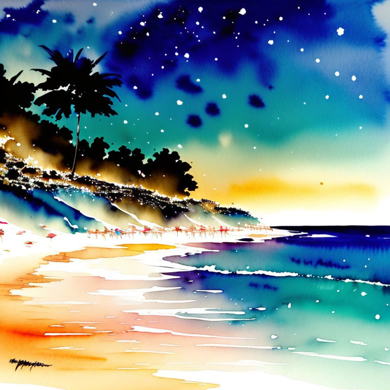 Tropical beach watercolor painting with palm trees at dusk