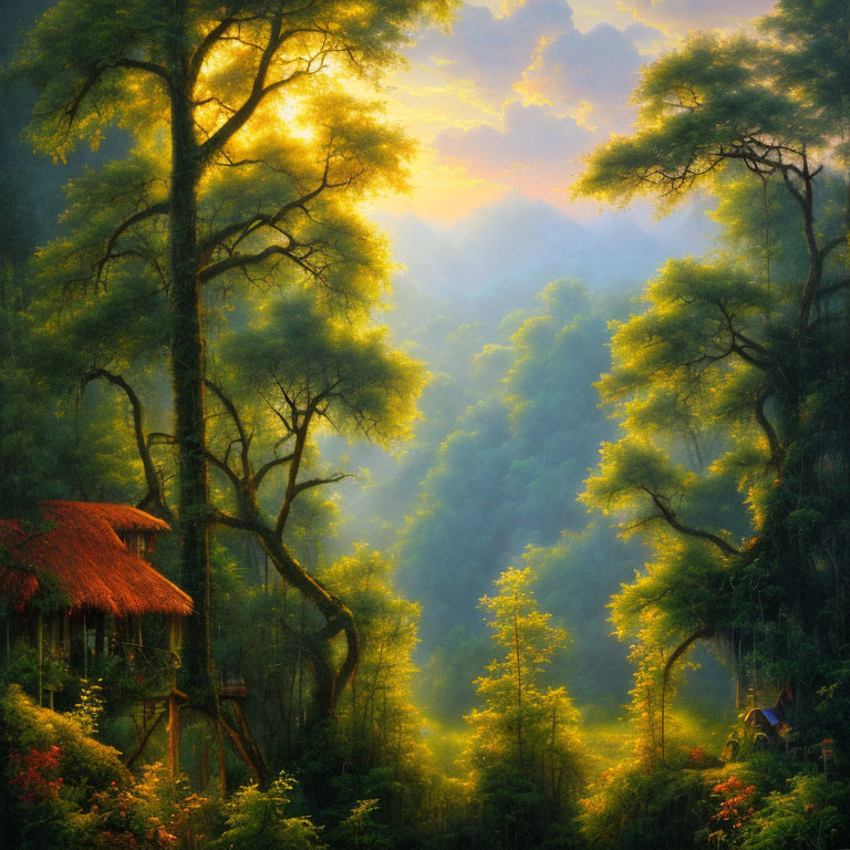 Tranquil forest sunrise with tall trees and thatched hut