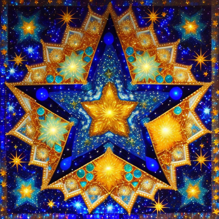 Symmetrical gold stars digital artwork on deep blue background