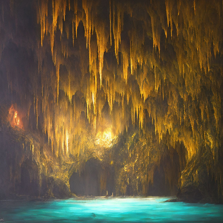 Mystical underground cave with stalactites and turquoise water.