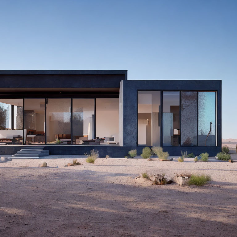 Minimalistic Desert House with Large Glass Windows & Flat Roof