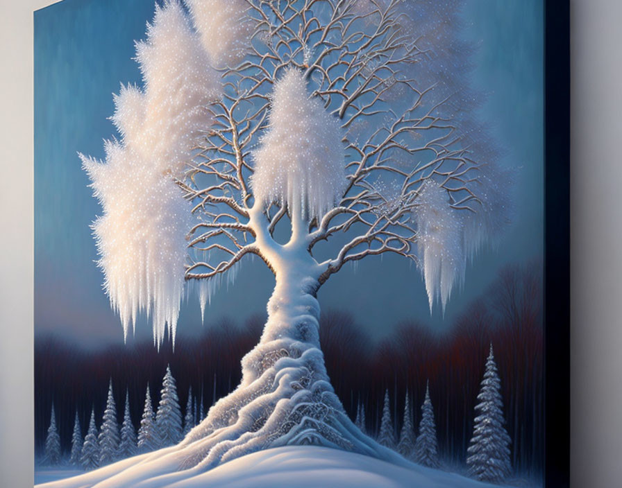 Snow-covered tree with icicles in twilight forest