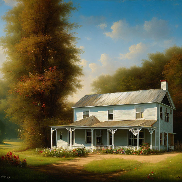 Tranquil painting: White house with porch in lush landscape