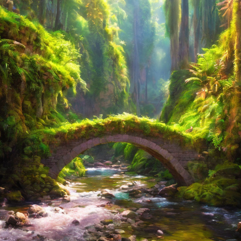 Sunlit Forest with Moss-Covered Stone Bridge and Stream