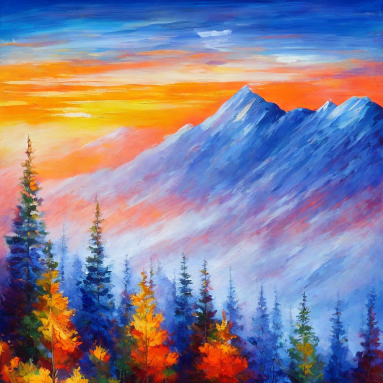 Colorful Mountain Range Painting with Autumn Forest