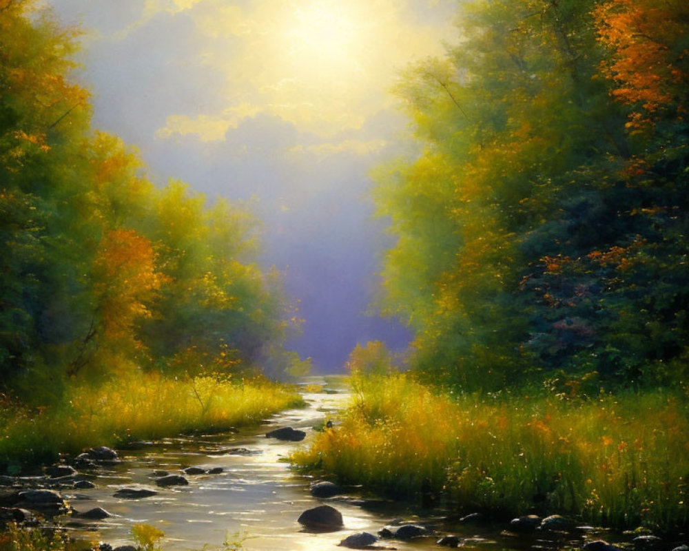 Tranquil Autumn Stream with Sunlit Trees