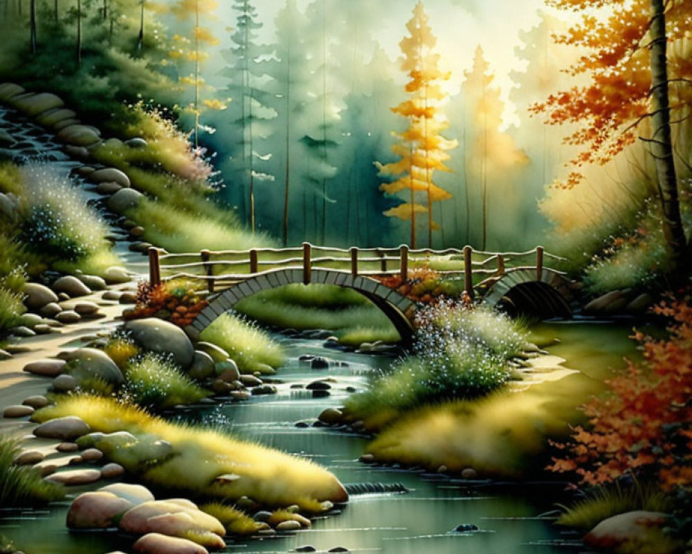 Tranquil autumn landscape with river, trees, stone path, wooden bridge