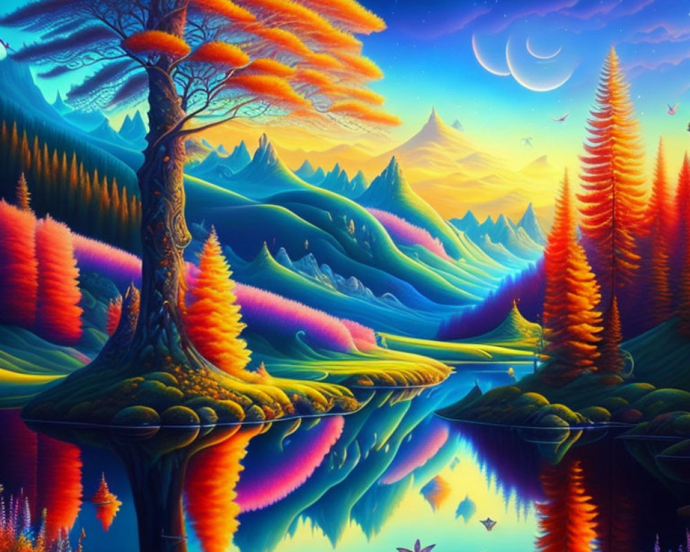 Colorful Landscape with Glowing Tree and Neon Hills at Twilight