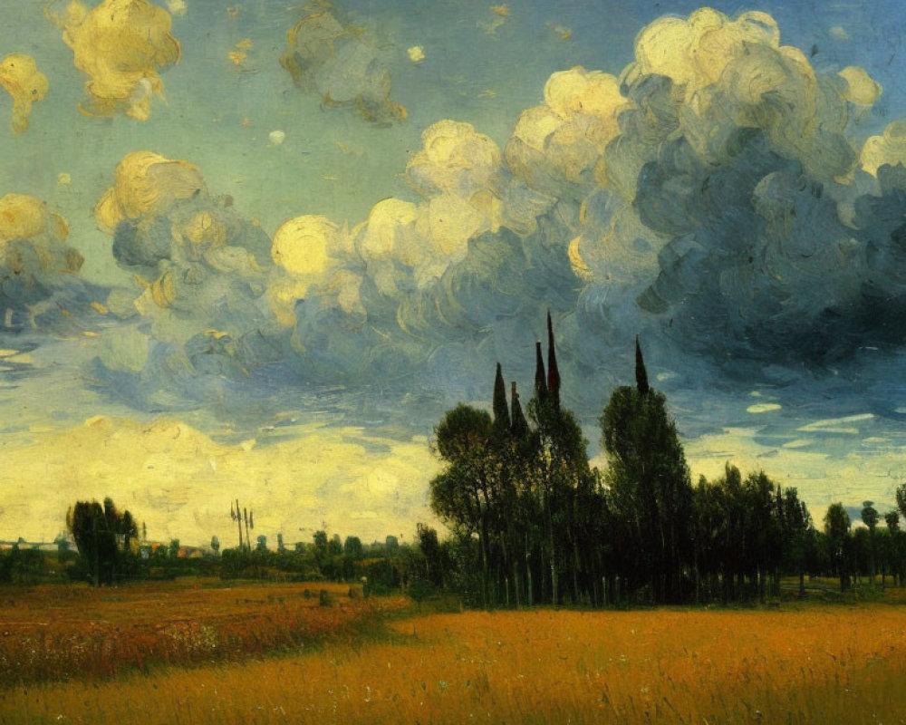 Field landscape painting with orange and green hues and dramatic sky.