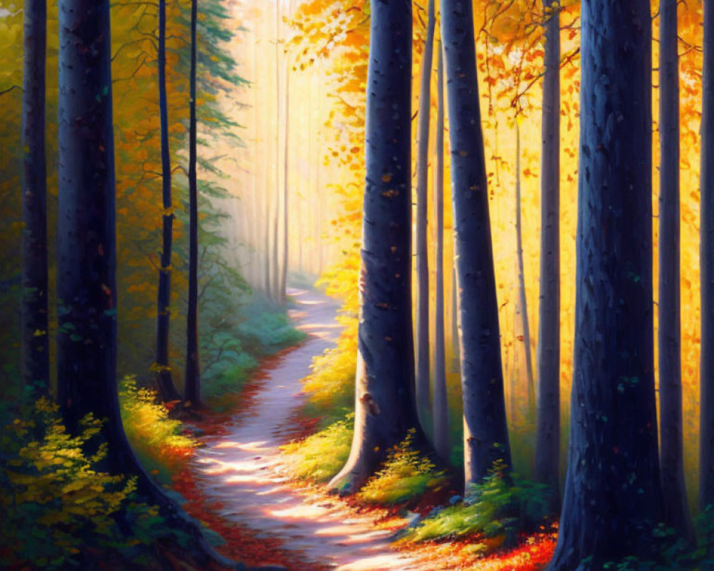 Tranquil forest scene with winding path and autumn foliage