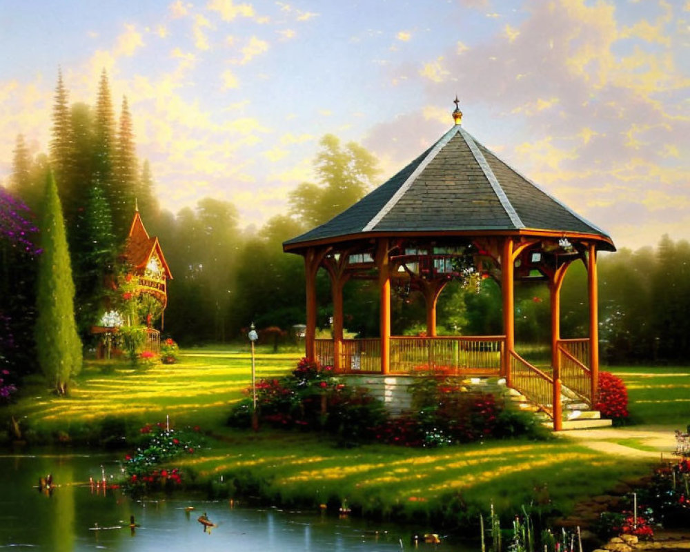 Tranquil garden with wooden gazebo, pond, lush greenery, blooming flowers at sunset