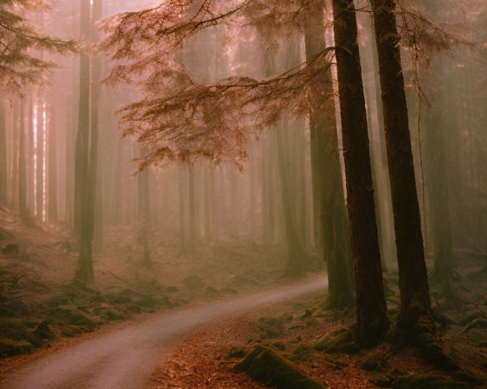 Misty forest with tall trees and warm glow on winding path