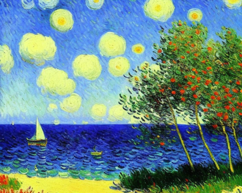 Vibrant Impressionist Seascape with Swirling Sky and Sailboat